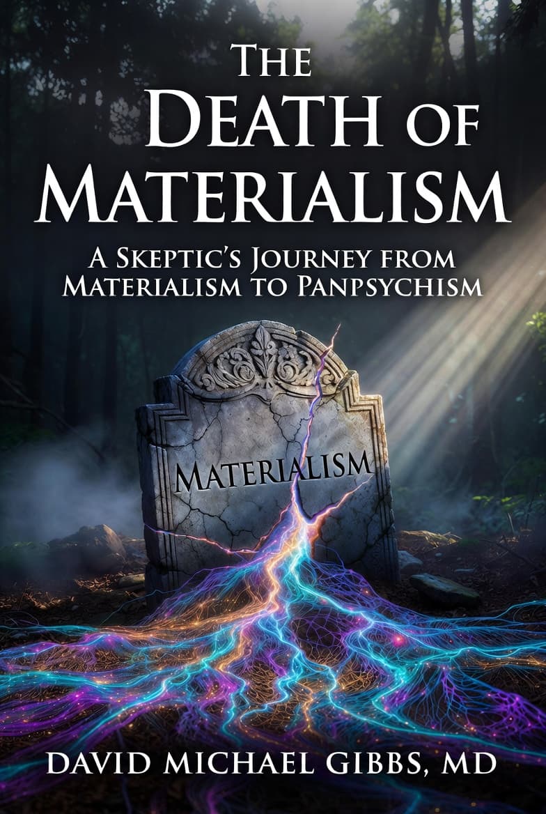 Book cover for The Death of Materialism featuring a cracked tombstone and vibrant glowing energy.